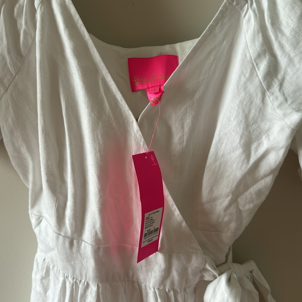 LILLY PULITZER DRESS IRALEE SHORT SLEEVE LINEN WHITE WRAP STYLE SIZE 4 - Picture 5 of 6